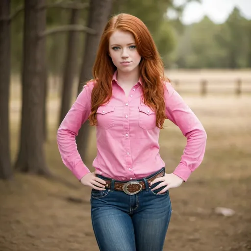 Prompt: Very beautiful red head  Girl standing up. She is wearing a pink shirt. Jeans and cowboy boots