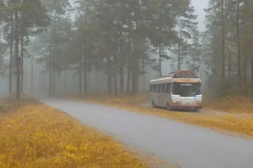 Prompt: Roadless, family bus, fog, forest, mystery style