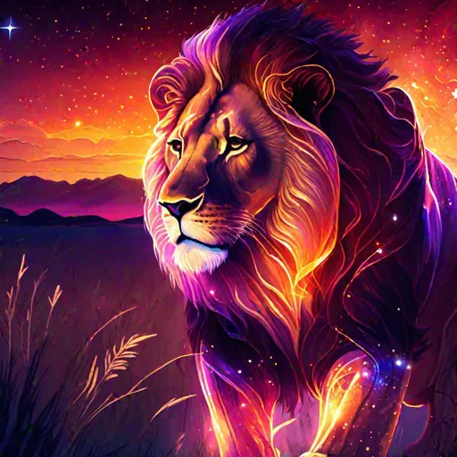 Prompt: An fantasy translucent lion that is glowing, on the savannah, beneath the stars, sunset, highres, best quality, concept art