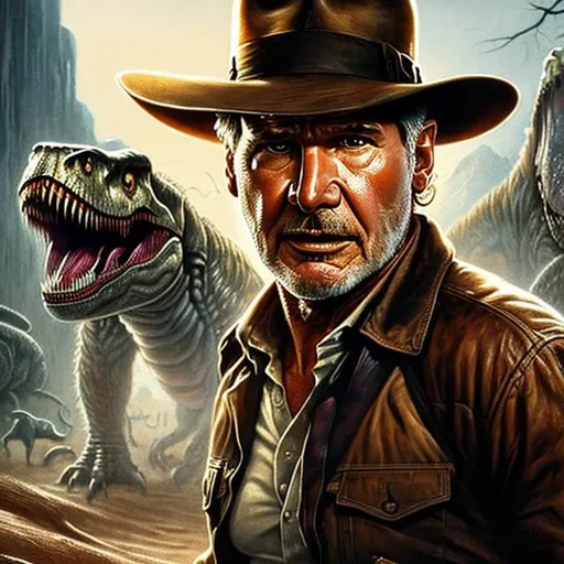 Prompt: ultra realistic illustration, incredibly detailed Harrison Ford face, {{Indiana Jones being chased by a T-Rex}}, intricate, elegant, highly detailed, digital painting, artstation, concept art, smooth, sharp focus, illustration, art by artgerm and greg rutkowski and drew struzan