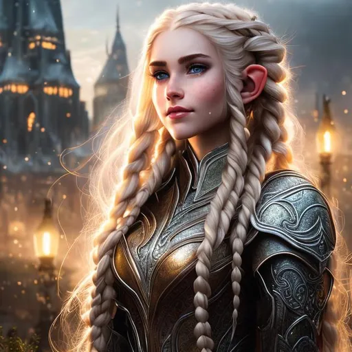 Prompt: Realistic, High Resolution, Elf, Cleric, light Blonde Hair, Green Eyes, Female, Light Tan, Full-body, Long Hair, Braids In Hair, Light Freckles On Cheeks, Natural Makeup, Medium Armor, Leather Armor,  revealing armor, Elven City in the Background, she has Divine Magic, Beautiful Face, masterpiece, best quality, super detailed, high resolution, very detailed, 8k uhd, realistic, natural light, amazing, fine detail, best, high quality, fine tuned, Hair jewelry, Angelic magice, has angel wings, Flowers in hair, weapon, full body, celestial, Divine, holy, silver in hair, gold in hair, sacred magic, sacred city, Elven race, Elven city, Whole body, Lifelike, Real, magic.
