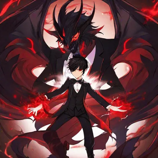 Prompt: Damien  (male, short black hair, red eyes) demon form, wearing a tuxedo, fighting
