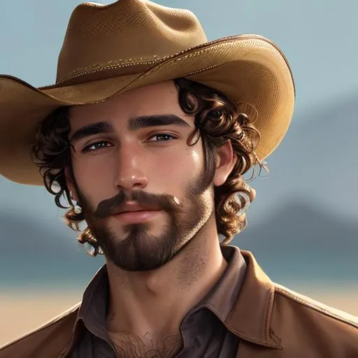 Prompt: A handsome young ,athelitic male , curly brown hair and a scruffy beard, wearing a cowboy hat, facial closeup