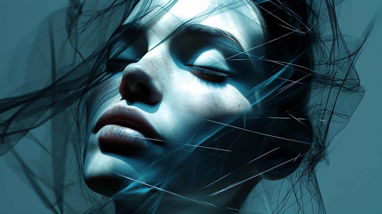 Prompt: digital art the world s most famous digital artist, in the style of geometric surrealism, airbrush art, serene faces, grid, dark cyan and white, bold shadows, feminine imagery