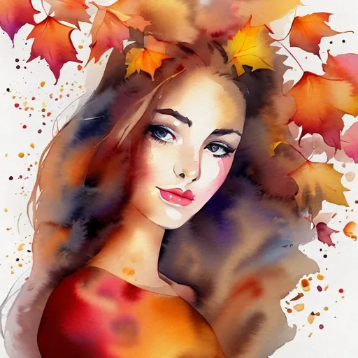 Prompt: Watercolor Autumn elegant lady with pretty face