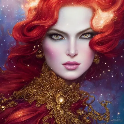 Prompt: a close up portrait of An intergalactic beautiful empress, beautiful symmetrical face, silky gradient red hair hair, golden eyes, wearing a exquisite gown with delicate intricate details, shimmer, glow. Art by  stanley artgerm, peter mohrbacher, Clint cearley, Brian Froud, rossdraws, guweiz, wlop, ilya kuvshinov, Charlie bowater, Laura Diehl, makoto shinkai. painting by daniel f gerhartz, art by Andrew Atroshenko and Edouard Bisson. highly detailed, sharp focus, ethereal, fantastic view, dreamy, Epic, celestial, sparkling, glossy, light emitting,  inner light.

