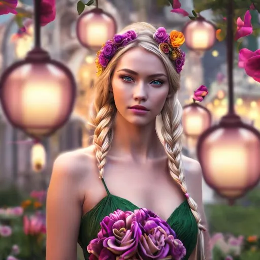 Prompt: professional modeling photo live action human woman hd hyper realistic beautiful German woman long blonde braid with flower crown fair skin green eyes beautiful face pink and purple dress and flowers enchanting tower at night hd background with live action realistic lanterns