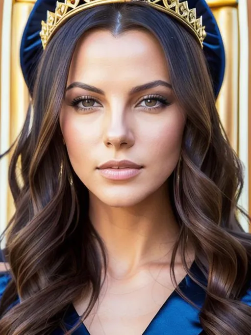 Prompt: A young beautiful queen looks like a blended Kate Beckinsale and Victoria Justice,20 years old ukraine female,hair in a slight mess,pretty eyes,sexy slightly pouty lips,royal suit,wearing royal crown,focus,cool pose,cinematic lighting,golden hour photography,big hall,thrones,64k,UHD,highly realistic,ultra realistic,dynamic potrait,cinematic,photorealistic,