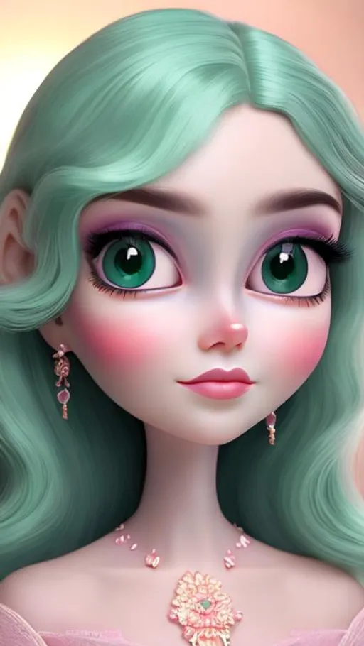 Prompt: Beautiful lady wearing long light green dress, AI, detailed features, animated, 8K, fair and glossy skin. Big eyes, baby pink lips, light make up.