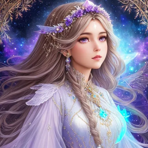 Prompt: {{{{highest quality concept art masterpiece}}}} digital drawing oil painting with {{visible textured brush strokes}}, white prism, cosmic, etherial, goddess of light ,closeup, full body fairy woman, long brown balayage cosmic fractal hair, wearing a long dark purple julia clusters fractal dress.