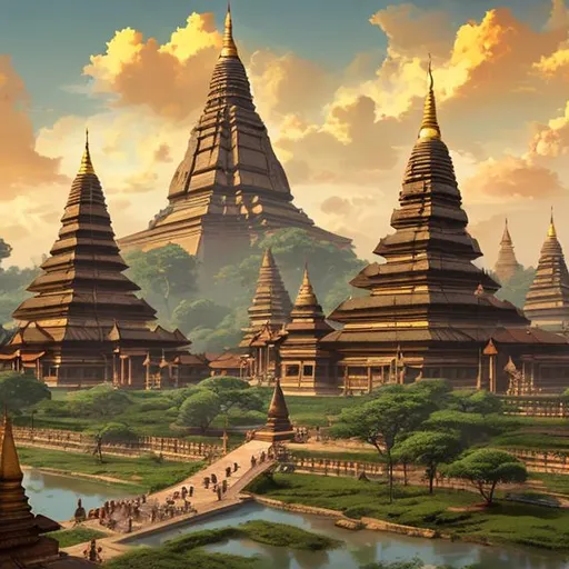 Prompt: A digital art of an ancient burmese kingdom with towering walls and shiny golden pagodas in the style of Frank Frazetta.

