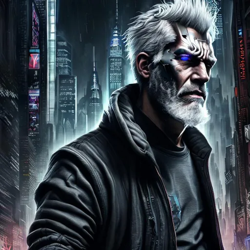 Prompt: Portrait of guy in the metaverse with grey hair and with angry face, cyber New York, perfect composition, hyperrealistic, super detailed, 8k, high quality, trending art, trending on artstation, sharp focus, studio photo, intricate details, highly detailed, by Anthony Arroyo