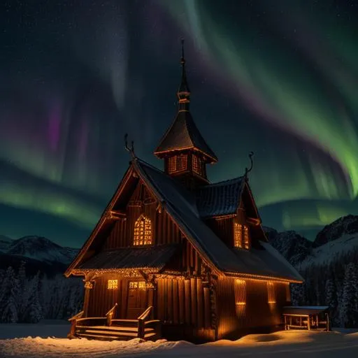 Prompt: Beautiful wooden Stave Church in the night, candle light, sky full of stars, colored night sky, (aurora borealis: 0.4), medieval, stunning, beautiful landscape, picture from under, glowing light, old building, Norwegian style, beautiful Milky Way, uhd, 4k, 8k, high definition wallpaper, award winning