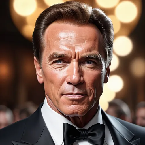 Prompt: Waist high Portrait of a handsome Arnold Schwarzenegger in tuxedo, super realistic natural look, photographic shot, Oscar event  perfect detailed current age face, solid dark background, detailed symmetric hazel eyes with circular iris, realistic, stunning realistic photograph, 3d render, octane render, intricately detailed, cinematic, trending on art station, Isometric, Centered hyper realistic cover photo, awesome full color, hand drawn, dark, gritty, klimt, erte 64k, high definition, cinematic, neoprene, portrait featured on unsplashed, stylized digital art, smooth, ultra high definition, 8k, unreal engine 5, ultra sharp focus, intricate artwork masterpiece, ominous, epic, trending on art station, highly detailed, vibrant, ultra-realistic, concept art, elegant, highly detailed, intricate, sharp focus, depth of field, f/1.8, 85mm, medium shot, mid shot, (((professionally color graded))), bright soft diffused light, (volumetric fog), trending on Instagram, hdr 4k, 8k