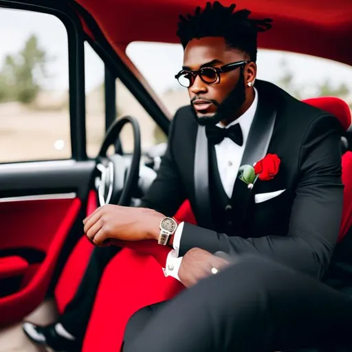 Prompt: Black man wearing a tuxedo with short dreads  driving expensive red car 