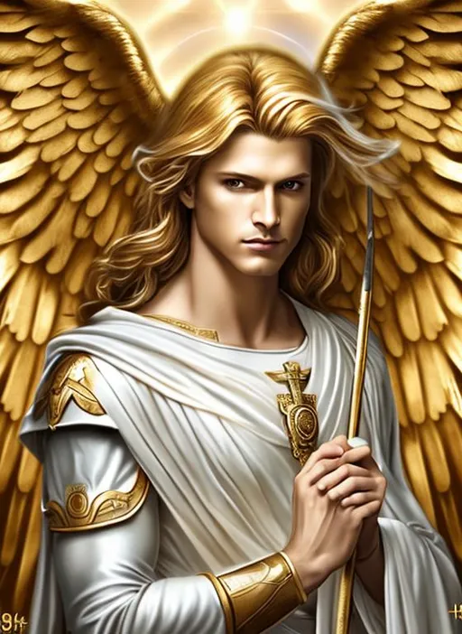 Prompt: Angel, halo, radiant golden light, seraph, six wings, photo realistic, Male, warrior, ancient, wallpaper, St michael, catholic, archangel, handsome, Male face, masculin face, 37 years old, Spears, fire, 16k
