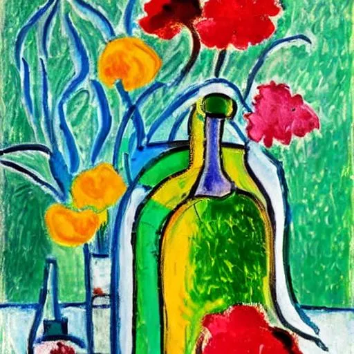 Prompt: a colorful bottle of absinthe, flowers on the background, in matisse style