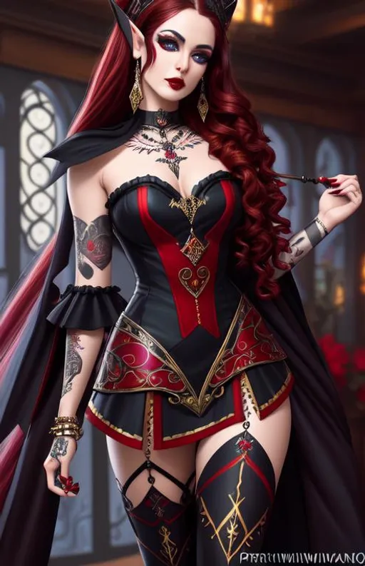Prompt: A hyper realistic detailed ((full body)) image of a half-elf masked harlequin ((sexy woman)), ((tatoo)), with ((sexy clothes)) with ((dark red hair)) a gothic dress, jewelry set, balayage wild hair, highly detailed, digital painting, Trending on artstation, HD quality, ((by Prywinko)), ((very huge breast)), ((sexy)), high heels