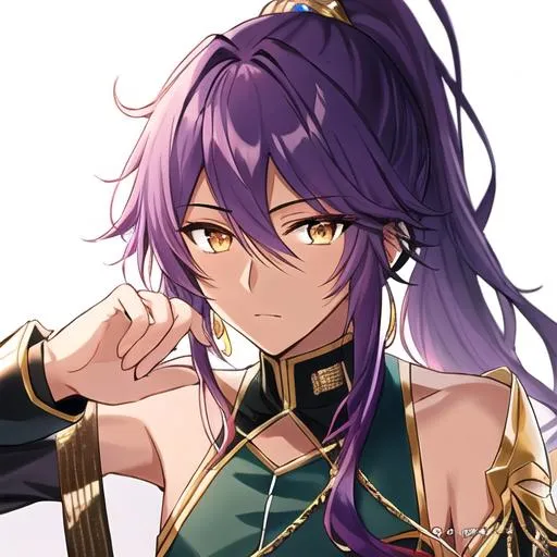 Prompt: Soma 1male. He has dark skin, gold eyes, and long, wavy plum purple hair worn loose to his shoulders; part of it is a ponytail clipped in place with a gold clip. Masculine anime style. 4K, highly detailed. 