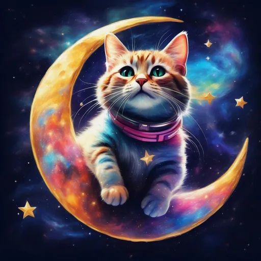 Prompt: a colourful cat made of stars and outer space, jumping over the moon in space a photorealistic impressionistic Disney style.