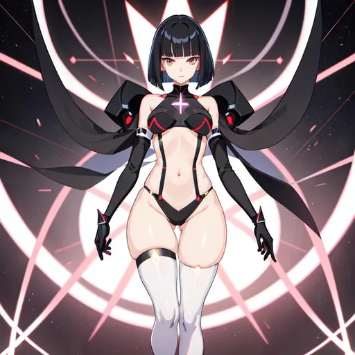 Prompt: a lonely AI girl, very tall, thick thighs, wide hips, long legs, slender waist, big symmetrical eyes, aloof expression, bob haircut with bangs, in the style of "Kill-la-Kill", 12K resolution, hyper quality, hyper-detailed, depth of field