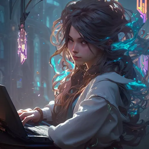 Prompt: Arcane animation styled Character,A beautiful girl who is coding with laptop, , 8k resolution concept art portrait by WLOP, Alphonse Mucha dynamic lighting hyperdetailed intricately detailed Splash art trending on Artstation triadic colors Unreal Engine 5 volumetric lighting