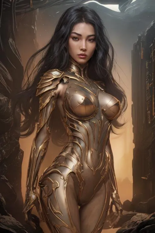 Prompt: splash art, hyper detailed, hyper realistic, highly detailed, dark, surreal heavy mist, floating at the edge of the Universe, on an alien planet, 

create a computer generated exquisite, beautiful, slender, ultra realistic young adult Asian hologram of a female Time Lord,  wearing highly detailed and obsidian and gold armor,

Gorgeous detailed facial features, long legs, vibrant sumptuous, perfect body, ultra pale, visible midriff, heavy iron collar, 

Perfect studio lighting, perfect shading. HDR, UHD, high res, 64k, cinematic lighting, special effects, hd octane render, professional photograph, trending on artstation, .