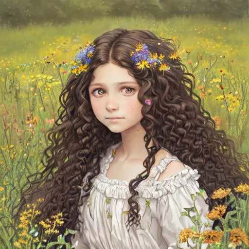 Portrait of a young girl, 11, black curly flowing ha... | OpenArt