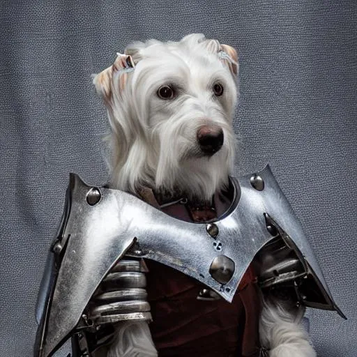 Prompt: photo of white dog dressed in medieval knight armor, studio lighting, highly detailed, smooth, sharp focus