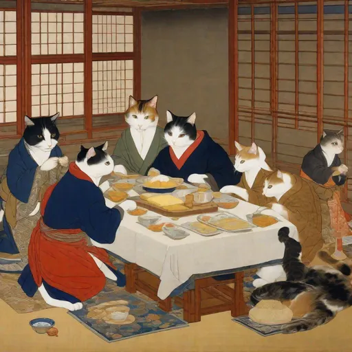 Prompt: 15th Century Japanese painting of a cats in modern business clothing sitting around a table eating butter and discussing business. Exquisite Detail Everything is perfectly to scale, Aesthetically Brilliant with a cool ambience HD, UHD, 8k Resolution, Vibrant Colorful Award winning 