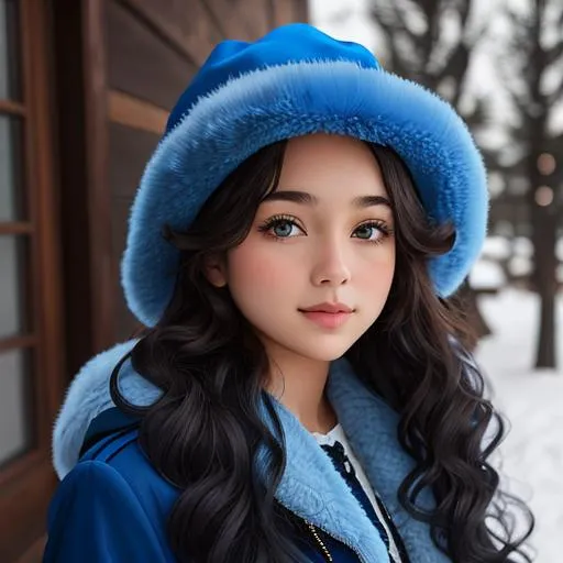 Prompt: A young girl, long curly hair, wearing blue, a blue fur hat