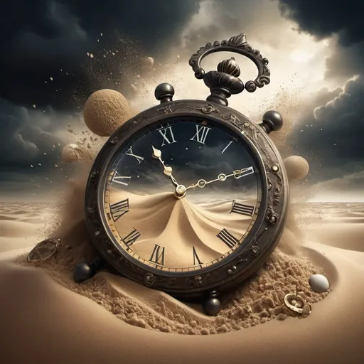 Prompt: Fantasy illustration of timepieces turning into sand, dark clouds, various types of timepieces, falling sand, mystical atmosphere, high quality, fantasy style, surreal, detailed details, magical, dark tones, dramatic lighting