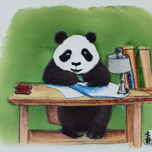 A panda staying at a desk whimsical watercolour | OpenArt