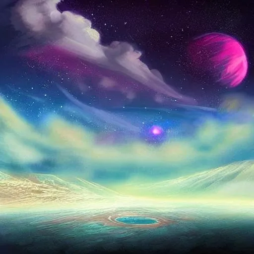 Prompt: Please produce a fantasy artwork Fantastic planetscape looking down on a desert. filling star falling in the dark sky, nebula and stars in the background on the horizon with vibrant colors and effects. very pretty painting. 