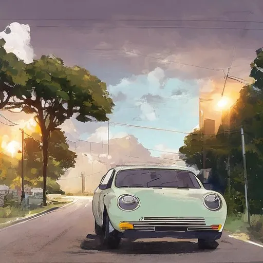 Prompt: 2D drawing for book cover. Pastel colors for book cover. A normal, modern GREY car.  Shades of brown, white and orange. Background illustrations looks  aesthethic. Background has trees, sky. This drawing has only one car.  car is on training route. There is a "driver training route sign" in yellow.A 23-year-old girl sits cross-legged near the car, holding her car keys in one hand and her driver's license in the other. Girl's face is cute.