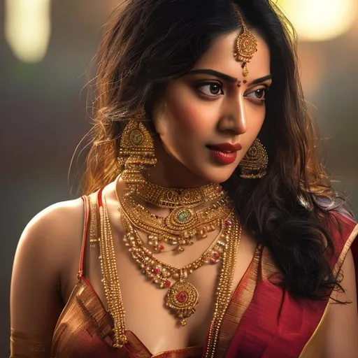 Prompt: Real picture in
 bright lighting, a hot woman  standing, full body 
, bare back, transparent wet white saree, bindi and bangles and mangalsutra, zoomed out, full body, detailed facial expression, inviting look, sexual tension, 
Deep cleavage. Straight and narrow Asian nose. Kissing apple.