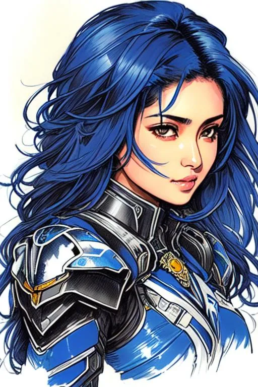 Prompt: (((Yoji Shinkawa))), sticker of ultra detailed portrait of Enrique Inglies and Sadaf Mohammed Sayed  (Indian actress who mainly appears in Telugu, Tamil, and Kannada films)in dark blue holy armor, canon robotic hand, blue long hair, high quality cell shaded illustration in post apocalyptic style by Yoji Shinkawa, ((full body portrait)), dynamic pose, perfect anatomy, centered, freedom, soul, blue long hair, approach to perfection, cell shading, 4k , cinematic dramatic atmosphere, watercolor painting, global illumination, detailed and intricate environment, artstation, concept art, fluid and sharp focus, volumetric lighting, cinematic lighting, Art by Yoji Shinkawa,