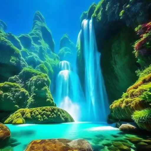 Prompt: dream-like, liminal space, around a narrow waterfall. Ocean Water. Magic realism.