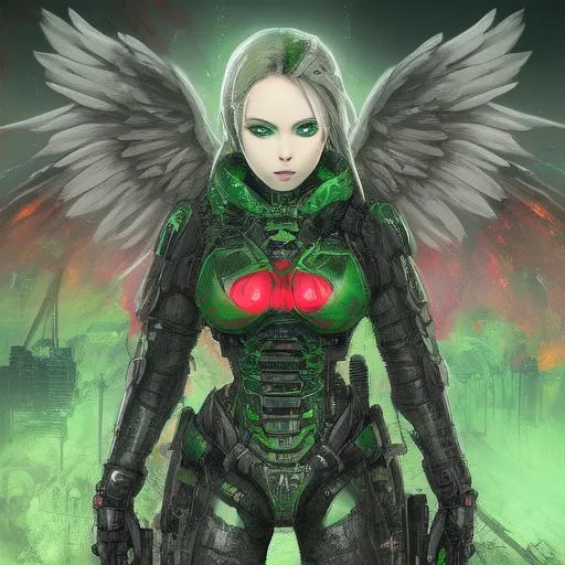 Prompt: Beautiful female angel of death, radiation, Chernobyl, green, gothic, stalker, tattoos, cyberpunk, mech, red fire