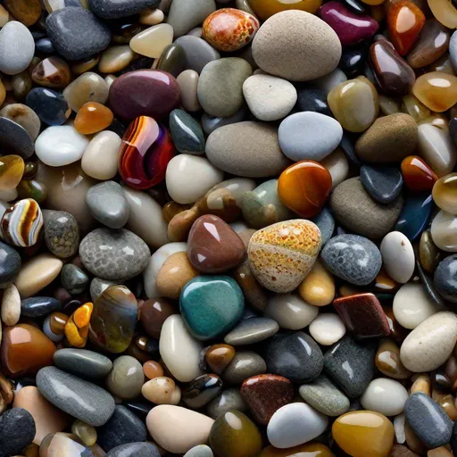 Prompt: "High Octane hyperdetailed dynamic photo of beautiful small colorful rocks on pebble beach, assorted random semiprecious pebbles, organic, dramatic, Photojournalism, Petoskey Stone, low angle, pretty agate pebbles, sharp focus, clean lines, epic, cinematic, colorful, natural, dramatic shoreline"
