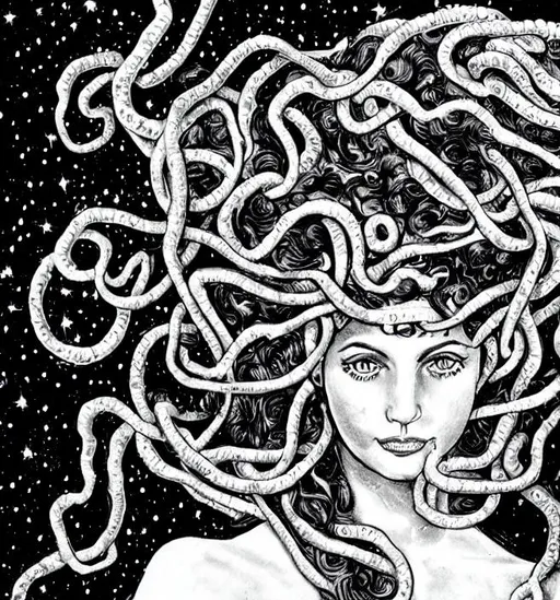 Prompt: Medusa under the stars in black and white