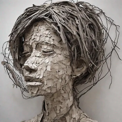 Prompt: a black and white drawing of a woman's face, driftwood sculpture, intricate manga drawing, ash thorp, tattered clothes, wiry, made of cardboard, she has a distant expression, made of wire, half - electric striking woman, scribbled