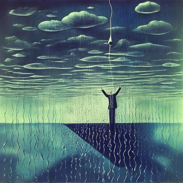 The man is trying to reach sky with rain thread the rainis falling the water flows around him surre
