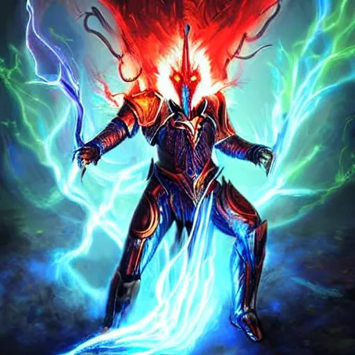 Prompt: magic the gathering art of elemental humanoid, with red and blue lightning ,high-detail, digital art , high resolution, skull shaped face with glowing eye and horns
, wearing plate armor , looks like powerful knight, flames coming from mask, powerful intimidating pose, blue and green lightning, multicolored armor, wasteland background, holding sword