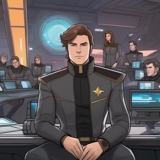 Prompt: a young muscular scifi irish starfleet admiral with brown hair. 35 years old. He wears a 22th century retro futuristic black space coat. grey pants. black boots. in background a spaceport. he is sitting next to a holographic desk surrounded by petty officials and starship captains. rpg. rpg art. 2d art. 2d. well drawn face. detailed.