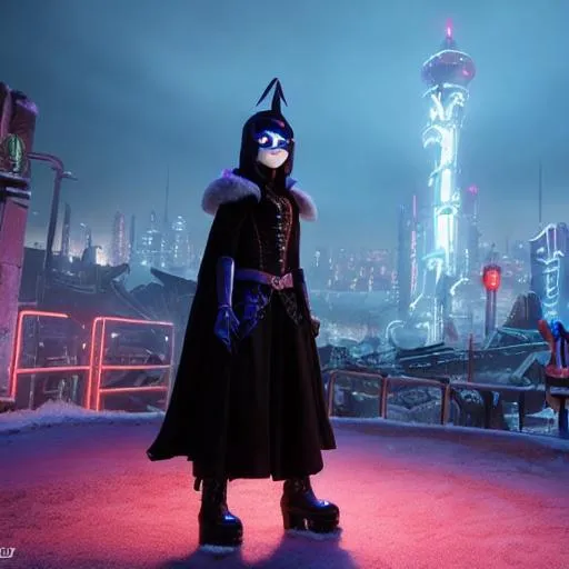 Prompt: a professional movie photograph of, snowman, from homestuck, towers over the city with her billowing cloak and piercing gaze. the neon lights of the city reflect off her razor-sharp scythe, and the sound of her boots echo through the dark alleyways. ((her white hair glows eerily under the black light)), matching the icy blue of her eyes. the city is hers, and its inhabitants know better than to cross her path. she is a formidable figure, one that strikes fear into the hearts of those who dare to oppose her., best quality, high quality, highly detailed, 8k
 winking at partner