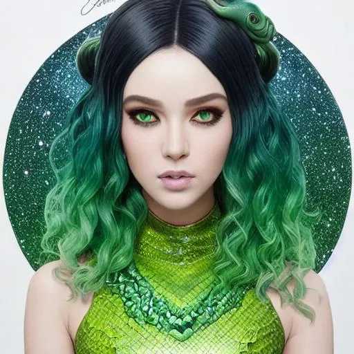 Prompt: A alien empress, beautiful face, stunning snake green eyes, ombre gradient green hair, green sculptural 
dress made of gradient green snake scales details by pino daeni, tom bagshaw, Cicely Barker, Daniel Merriam, intricate details by Andrew atroshenko, James Jean, Mark Ryden, charlie bowater, WLOP, Jim Burns, Megan duncanson, beautiful face, full body photo, very detailed, high definition, crisp quality, cinematic smooth, cinematic lighting, ultrarealistic, crispy focus 