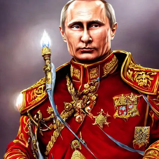 Prompt: fantasy detailed illustration Vladimir Putin, Russian, regal, royal, armor, god warrior, occidental, red, white, blue