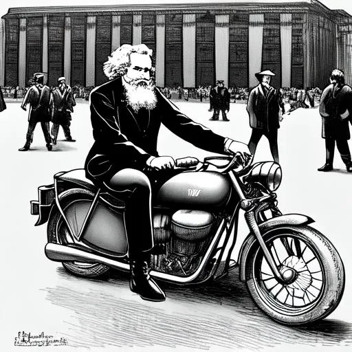 Prompt: Karl Marx on a motorcycle