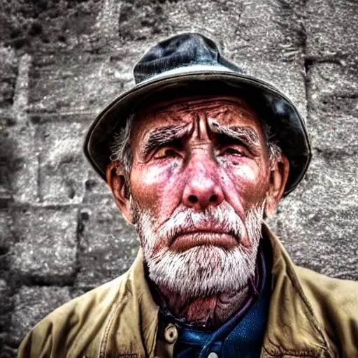 Prompt: sad old man in an old town